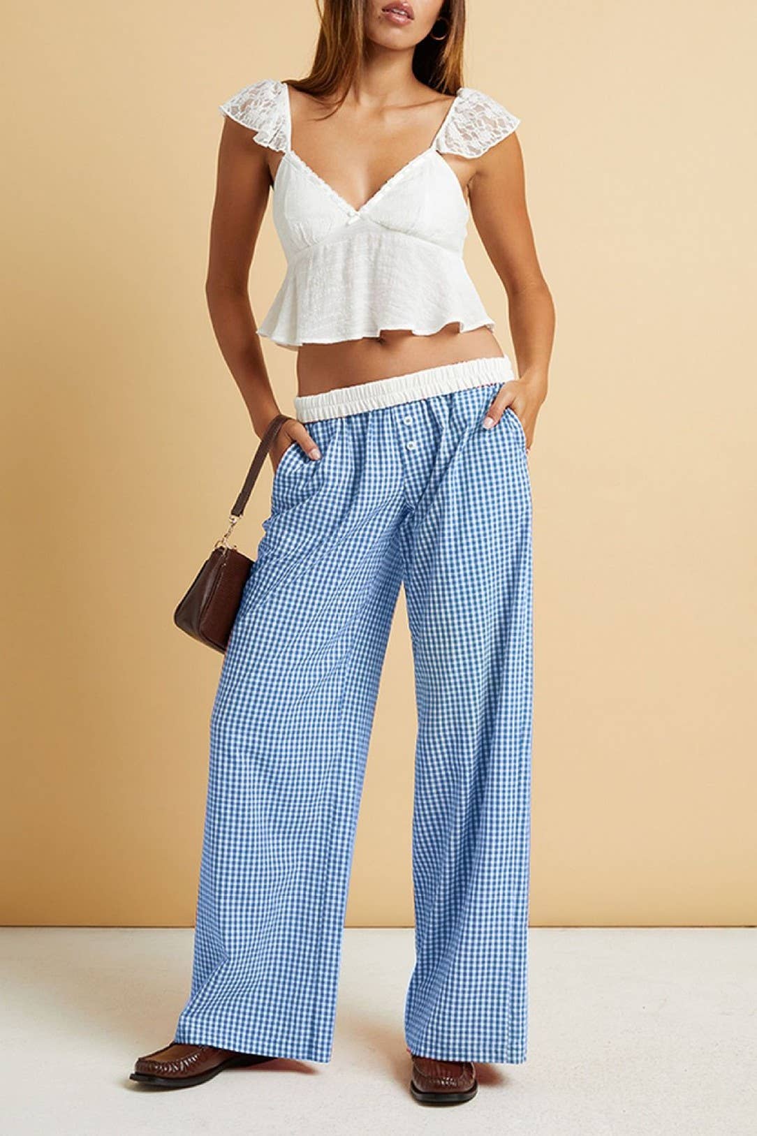 Wholesale easy daily patchwork gingham wide leg pants for your