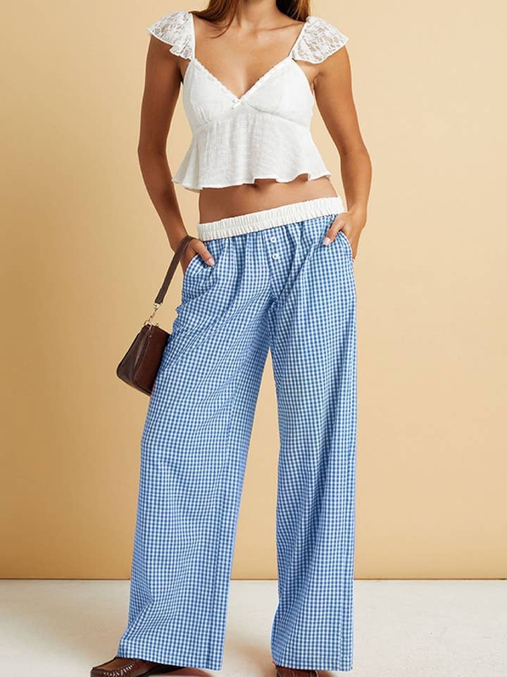 Rosa Clothing - Wholesale Pants - Women's - easy daily patchwork gingham wide leg pants2