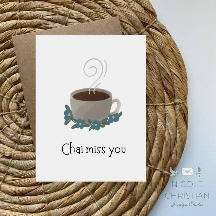 Chai Miss You - TeaLovers Thinking of you Greeting Card for wholesale by Nicole Christian - Illustration
