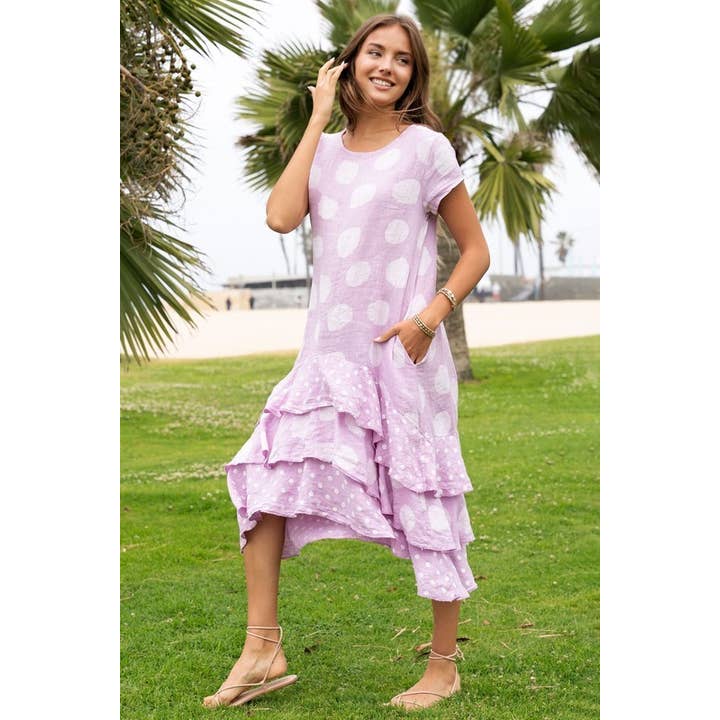 VESTIDO DE LINO CON VOLANTES Y CAPAS DE LUNARES (9855-POLKADOT) para venta al por mayor de VENTI6