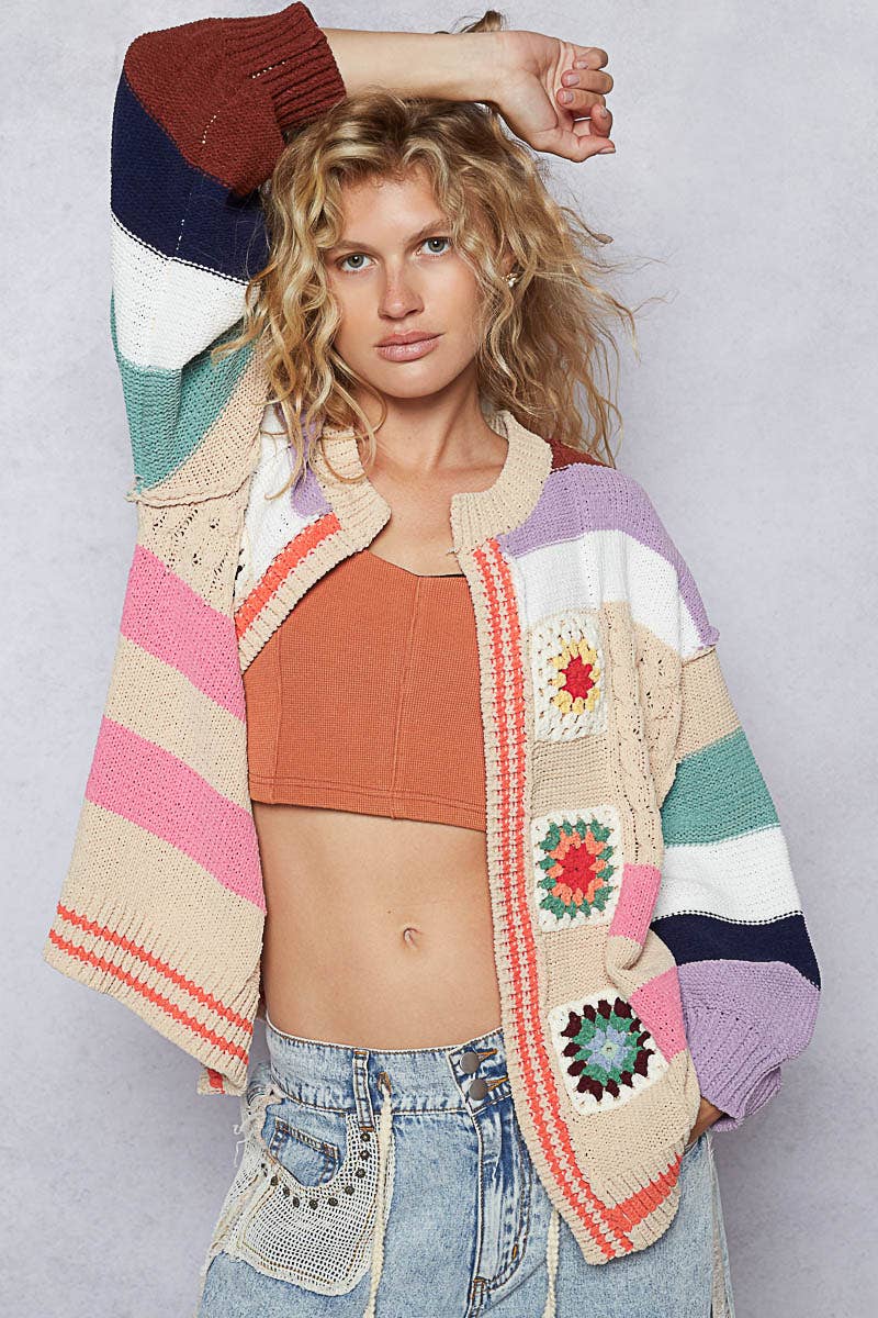 Pol Clothing - Wholesale Cardigan - Women's - Balloon Sleeve Handmade Patch Open Cardigan6