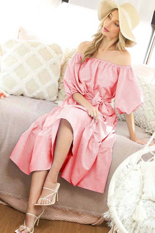 Vine & Love – wholesale Dress – Women's – Off-The-Shoulder Tie Waistband Tiered Striped Dress  VD702967