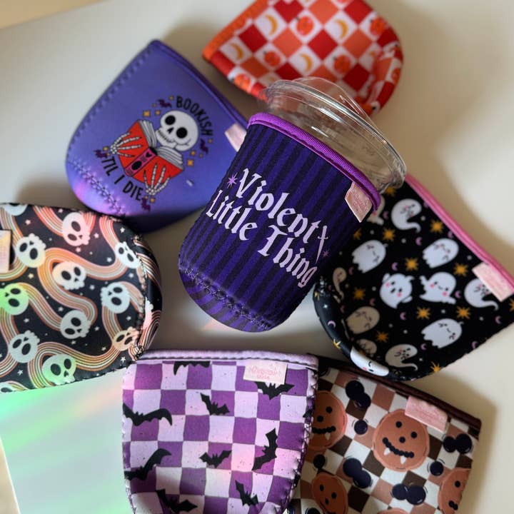 CrescentCatCo - Wholesale Drink Huggers & Koozies - Violent Little Thing Bookish Iced Coffee Drink Sleeve3