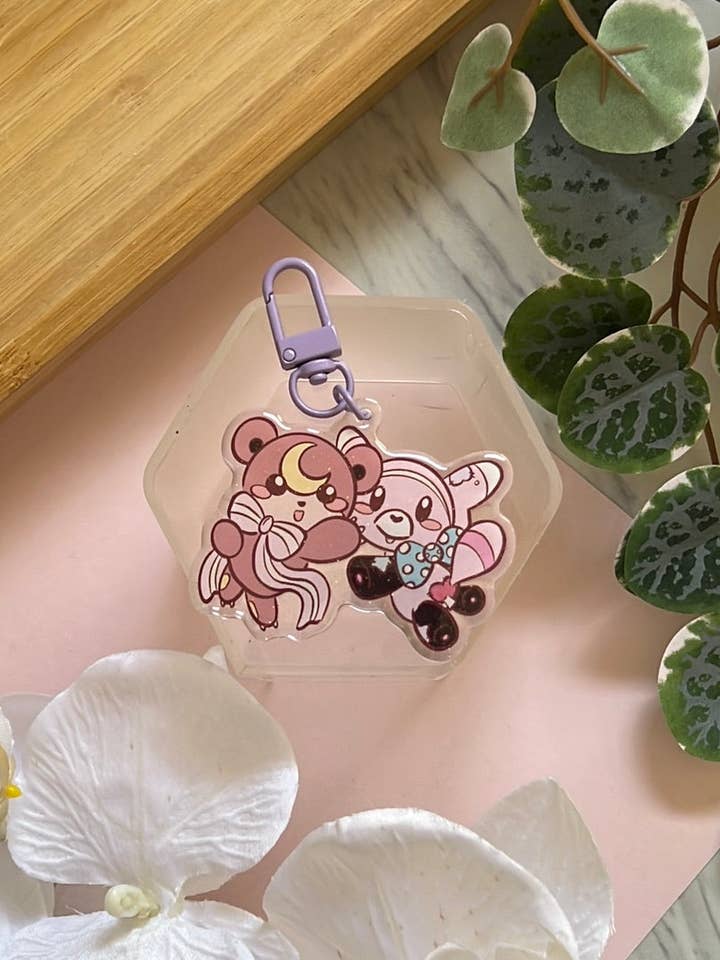 Pika Freunde Teddybären Beidseitiger Glitzer-Schlüsselanhänger für den Großhandel von Peony Lee Art