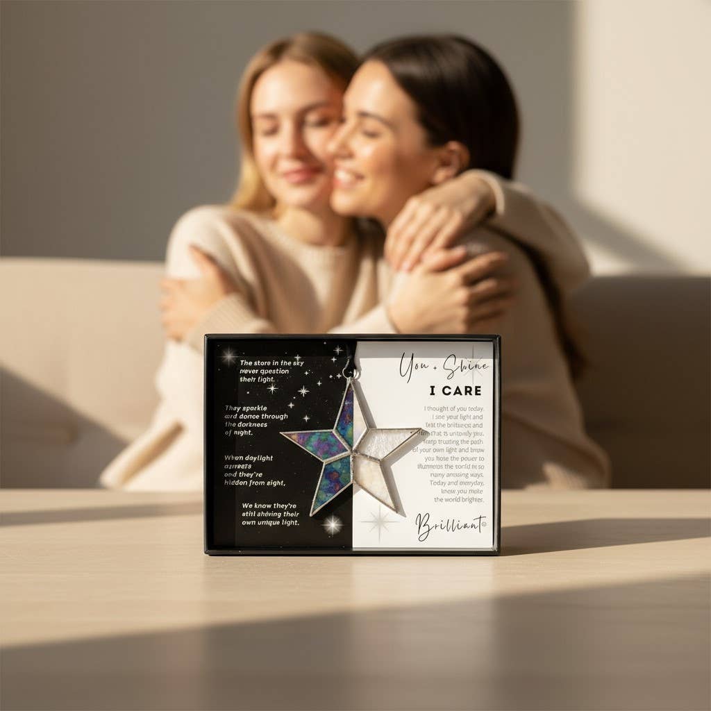 The Grandparent Gift Co. Inc. - Wholesale Keepsake Coin/Token - You + Shine: I Care Handmade Stained Glass Star 77056