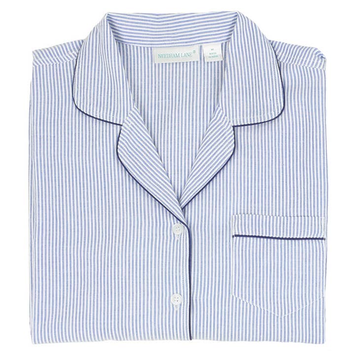 Needham Lane - Wholesale Sleepwear Set - Women's - Blue Seersucker-Navy Short Sleeve Shorty Pajamas
