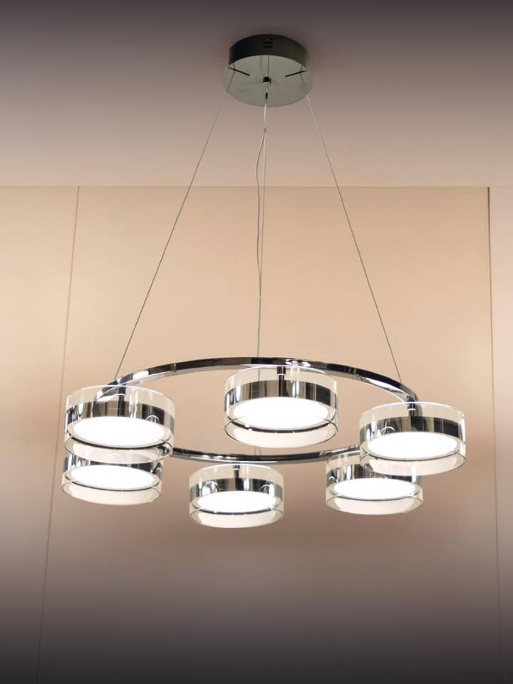 Berlin 6-Piece Platinum Stainless Transparent Glass Salon Chandelier | Modern Decorative Lighting For Homes & Hotels for wholesale by HEKA LIGHTING & TRADING LTD