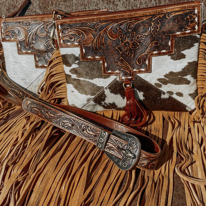 Texas Western Cowhide Bags and More - Wholesale Crossbody Bag - Women's - Fort Worth Tooled Leather Cowhide Crossbody, Shoulder Bag