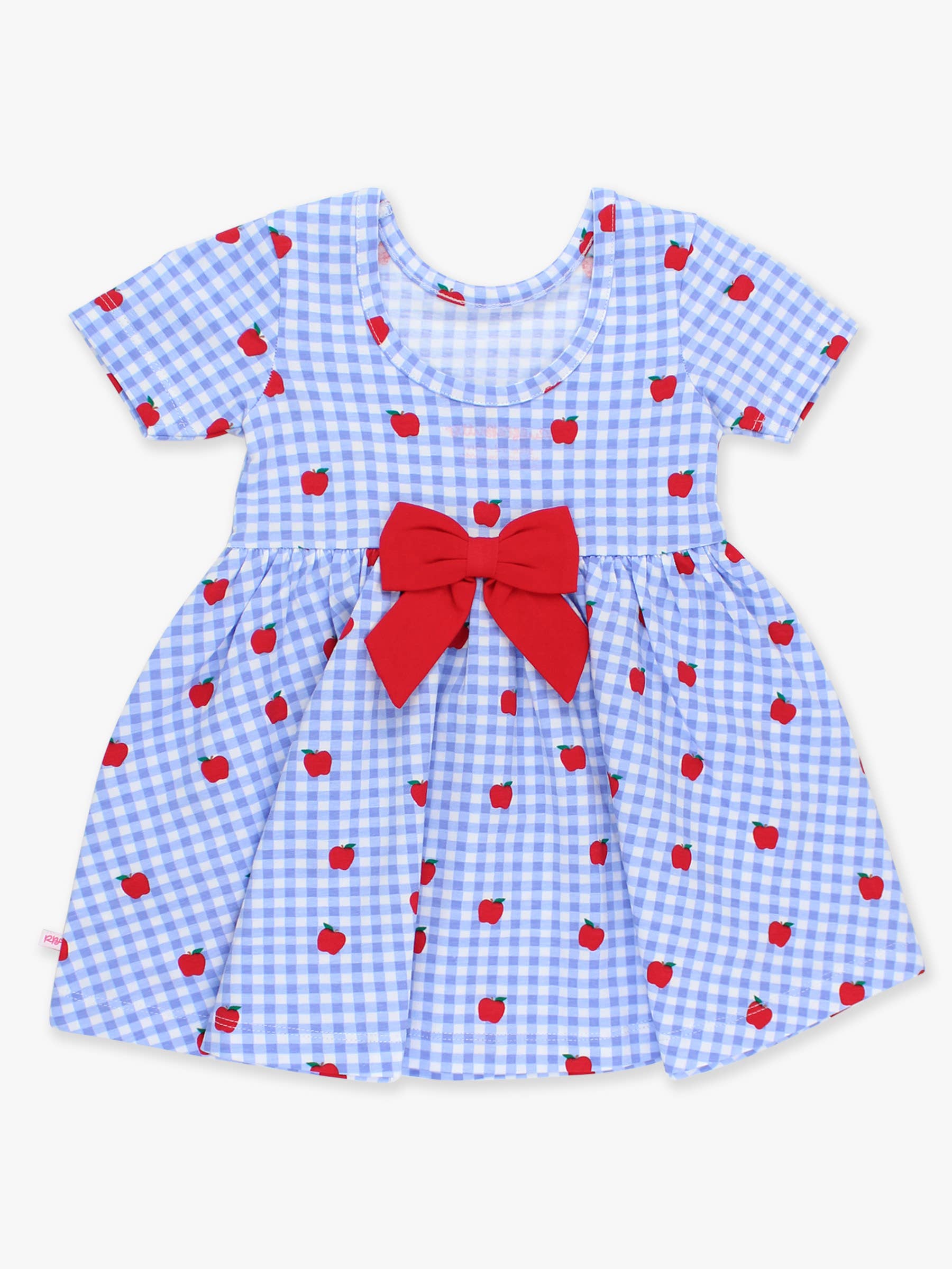 Blue Girls Apple Orchard Gingham Short Sleeve Knit Twirl Dress for wholesale on Faire8