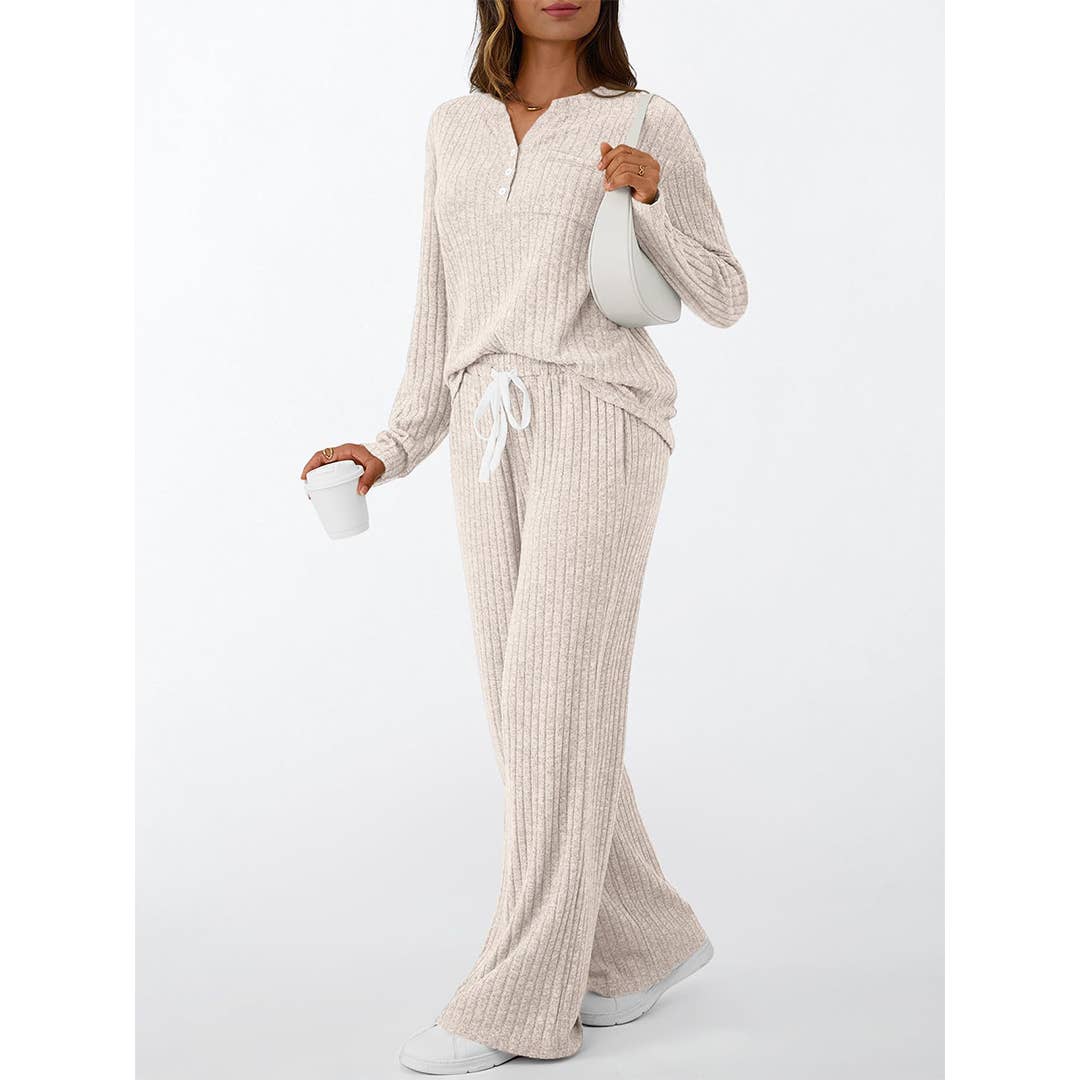 UNISHE - Vente Ensemble de vêtements d'intérieur – femme - Ensemble de pyjama à manches longues côtelées avec boutons et pantalon AXY0391