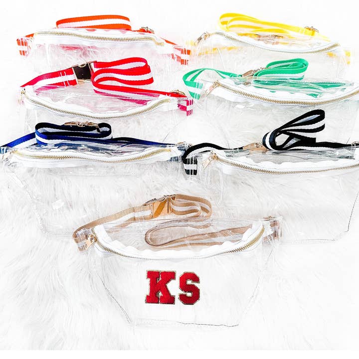 Clear Fanny Pack - Transparent Stadium Bag - Game Day Belt Bag - Concert Bag -Womens DIY Customizable With Glitter Varsity Letter Patches for wholesale by Social Grace & Company