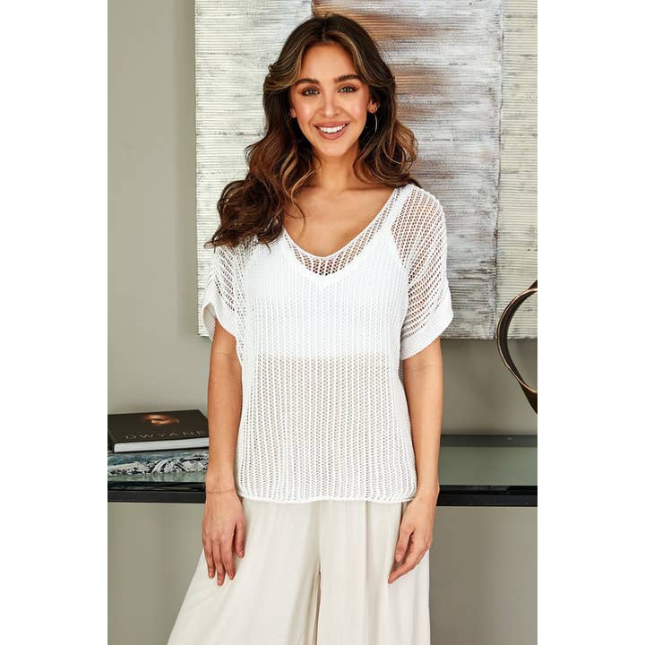 CROCHET SHORT SLEEVE V-NECK COVERUP TOP (5001-S/M-M/L) for wholesale by VENTI6