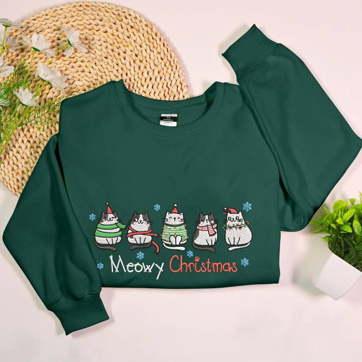 Meowy Christmas Cat Embroidery Women's Holiday Sweatshirt for wholesale by Stitchchemy