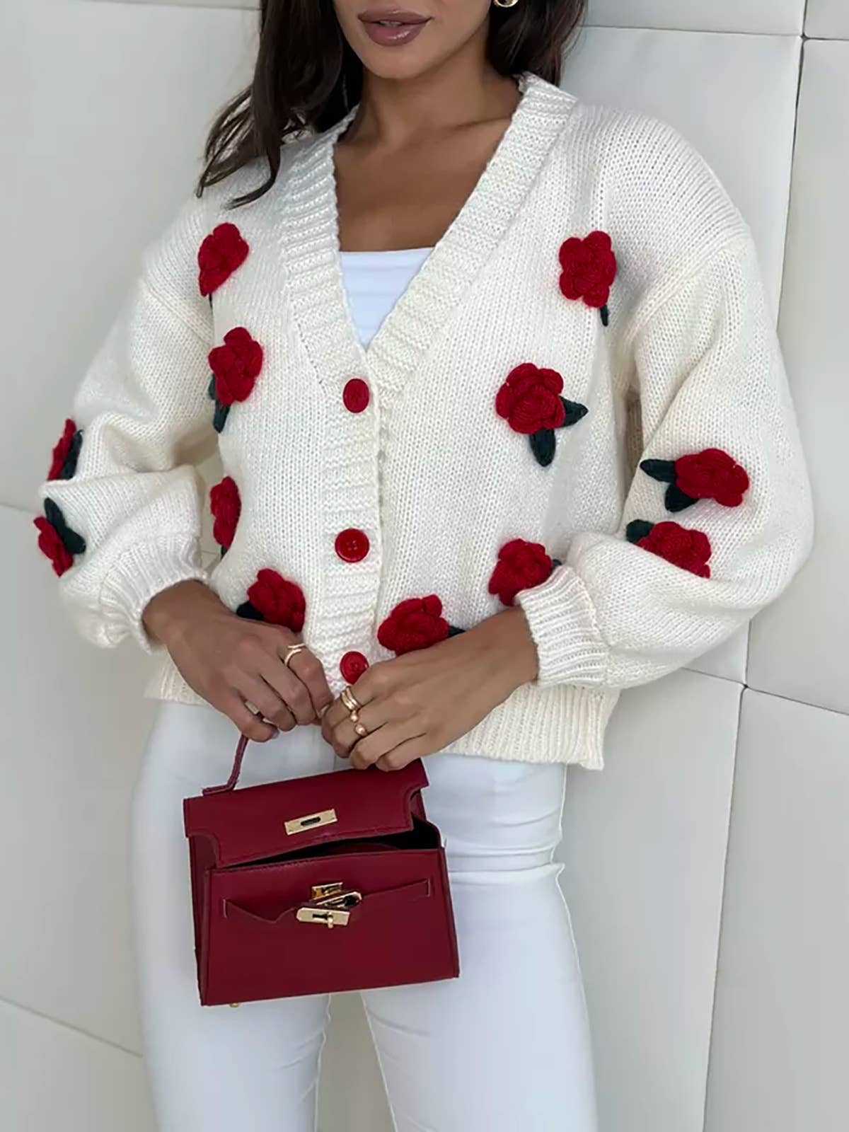 Rosa Clothing - Vente Cardigan – femme - joli cardigan en tricot à fleurs 3D avec petite boule de rose7