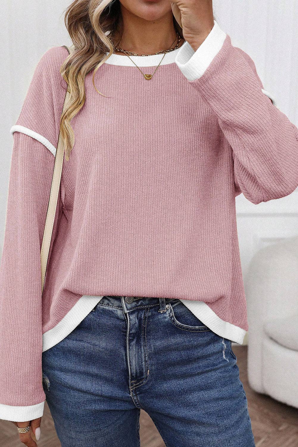 Light Pink Contrast Color Trim Knit Drop Shoulder Loose Top for wholesale on Faire0