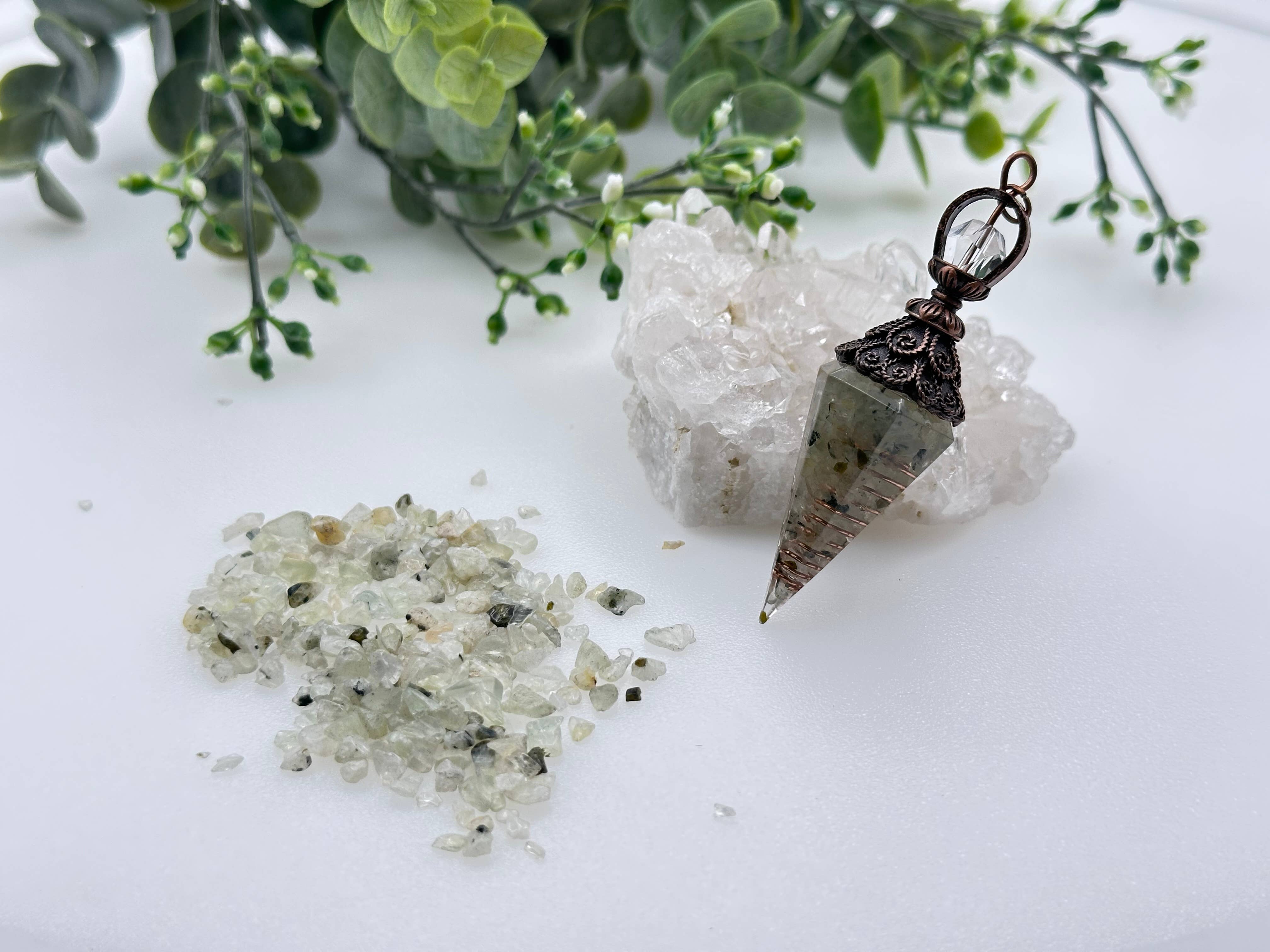 Meraki Gemstones - Wholesale Pendulum Board - Prehnite Gemstone Chips w/ Copper in Resin Pendulum