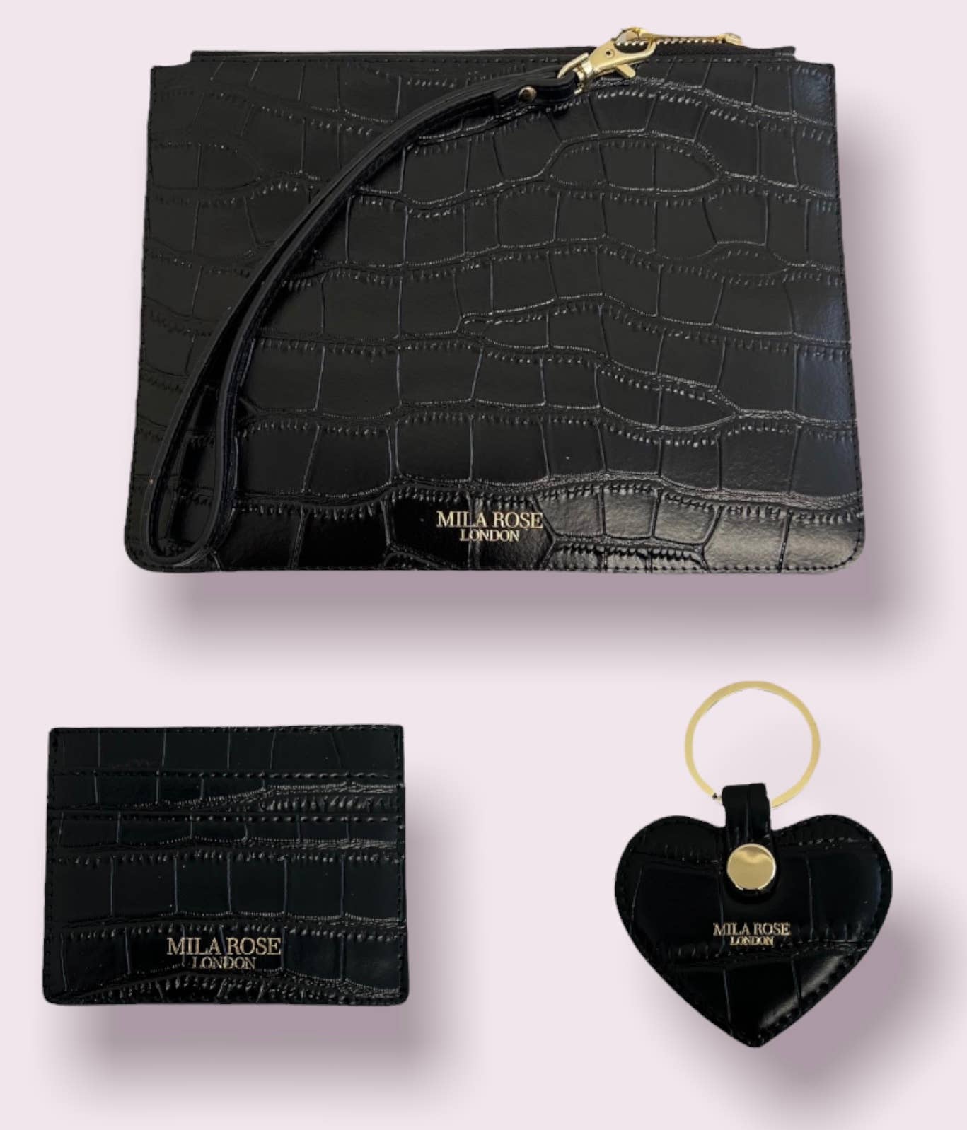 Mila Rose London - Vente Pochette – femme - Pochette en cuir noir imprimé crocodile Cadeau de Noël10