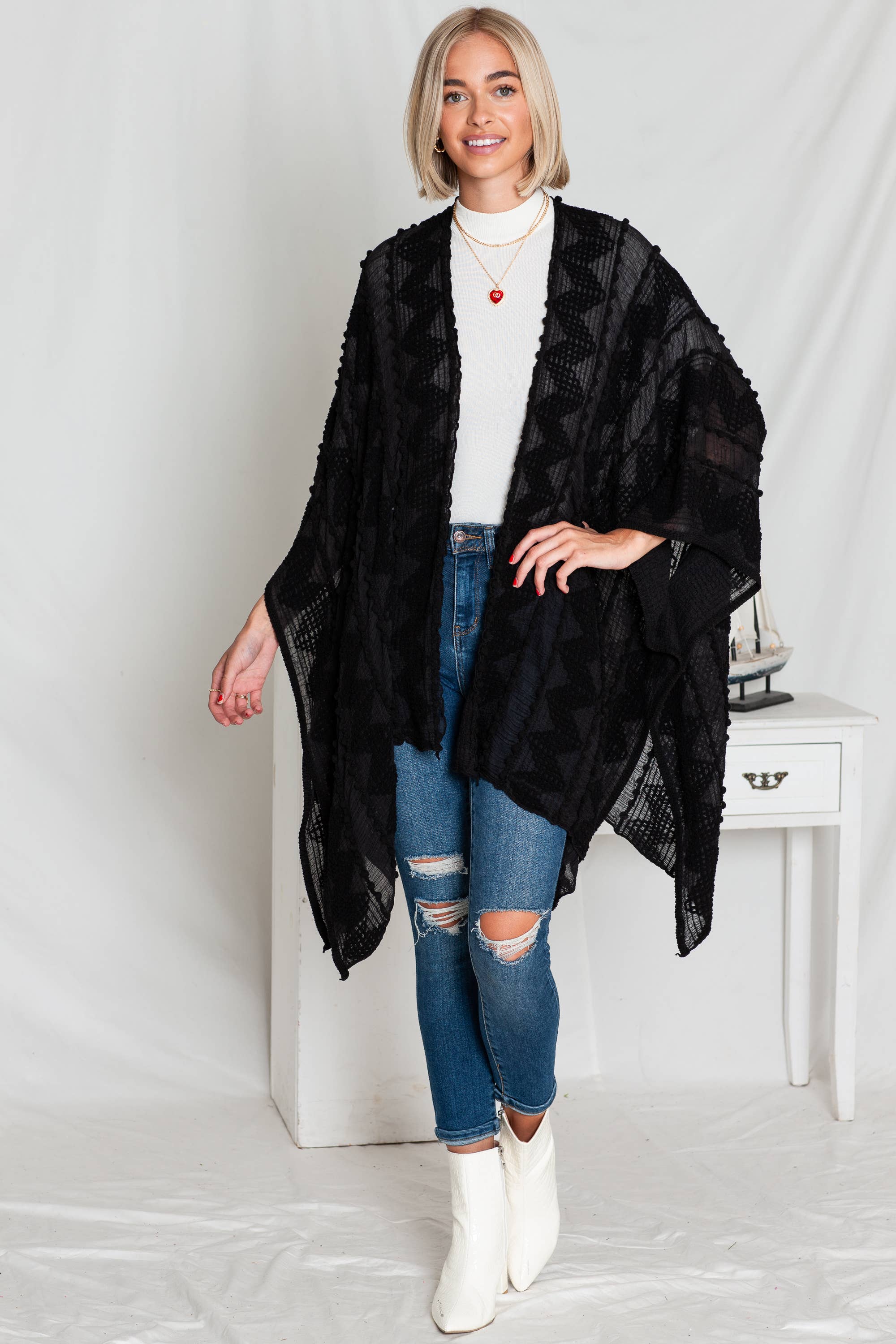 Justin & Taylor - Wholesale Kimono - Women's - Puffer-Up | Soft Textured Cover-Up Kimono With Pom Detail25