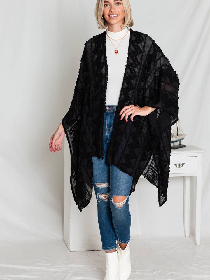 Justin & Taylor - Wholesale Kimono - Women's - Puffer-Up | Soft Textured Cover-Up Kimono With Pom Detail25