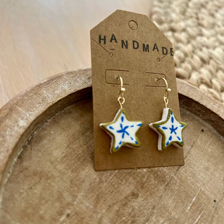 Keely Siebenthal Art & Designs - Wholesale Dangle Earrings - Handmade Clay Earrings- Stars Blue + White Starfish6
