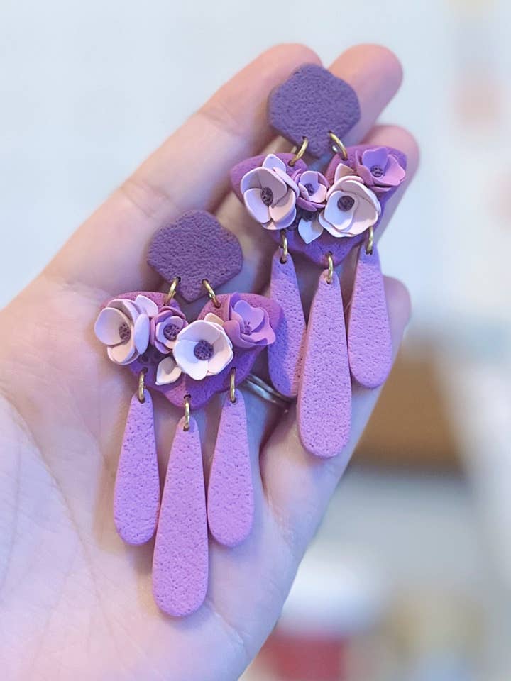 purple floral dangles for wholesale by Kaleidoclay