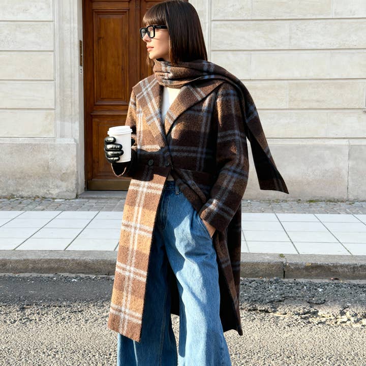 Checkered coat with integrated scarf TDM37022 for wholesale by Cecile Wang