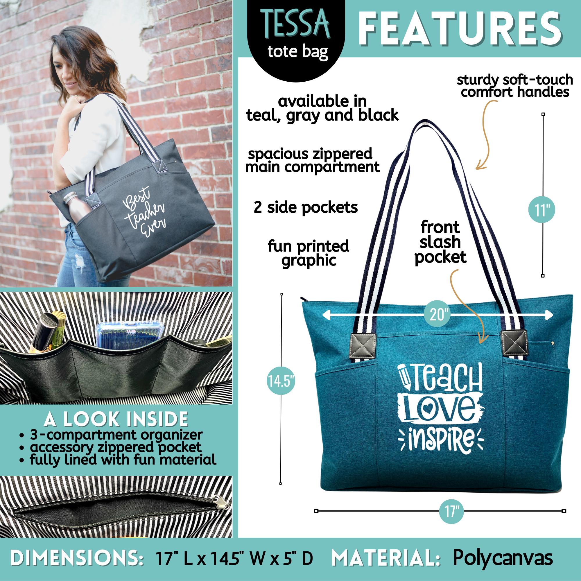 Brooke & Jess Designs – Sacola - Mulher por atacado – Saco de Compras para Professores - Vários estilos, tamanhos e cores11