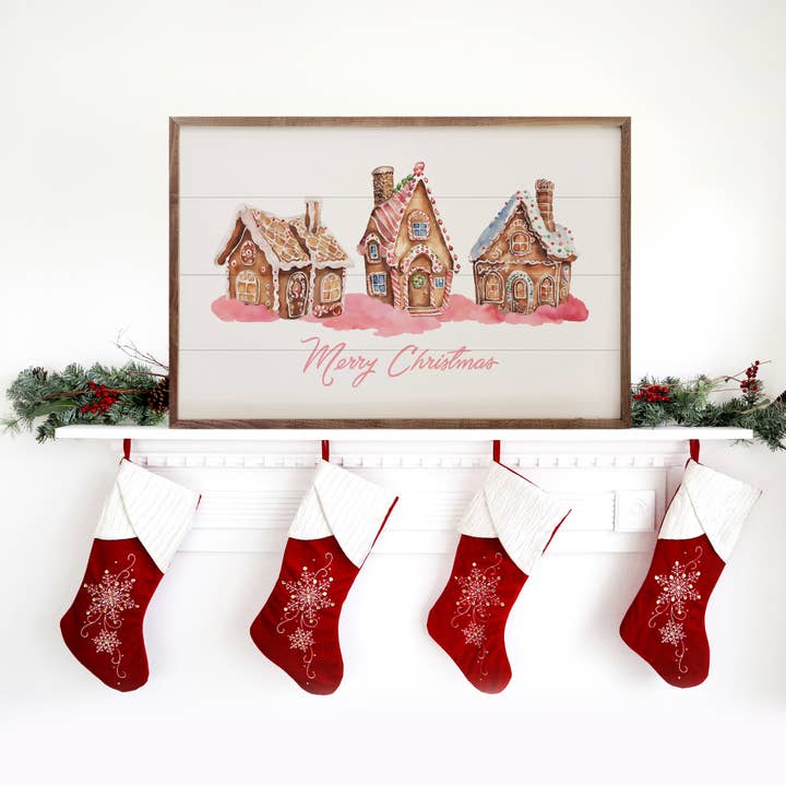 Kendrick Home - Wholesale Wood Wall Art - Pink Merry Christmas Gingerbread Houses White