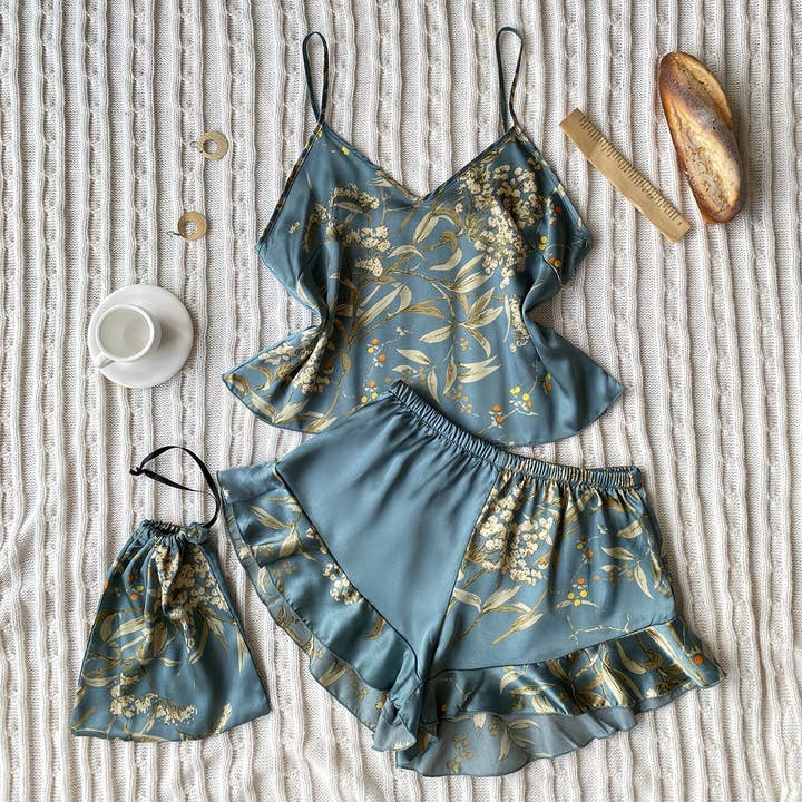Funkyrel® Atzbranding Limited - Wholesale Sleepwear Set - Women's - Cherry Blossom Pattern Faux Silk Pajama Set (2-Piece)