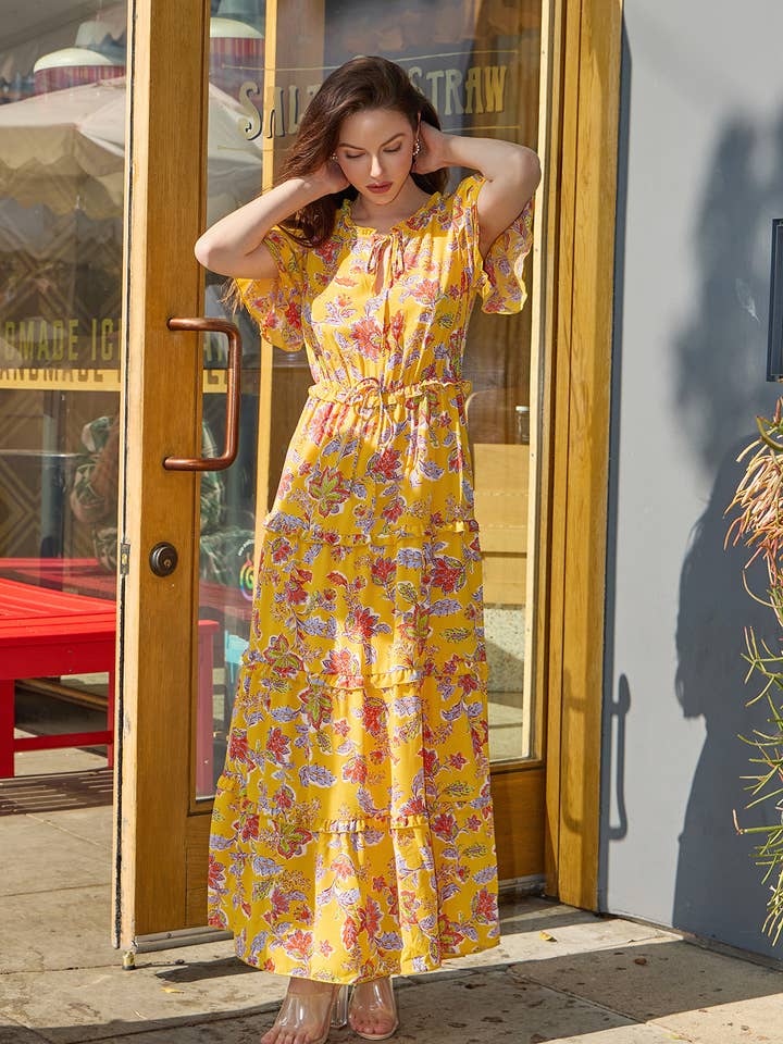 Yellow Multi 17616-7190 Floral paisley ruffle sleeves layered maxi dress for wholesale on Faire