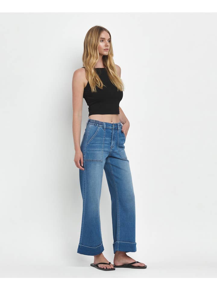 ENVIABLY HIGH RISE DOUBLE CUFFED BAGGY WIDE JEANS V3589 for wholesale on Faire