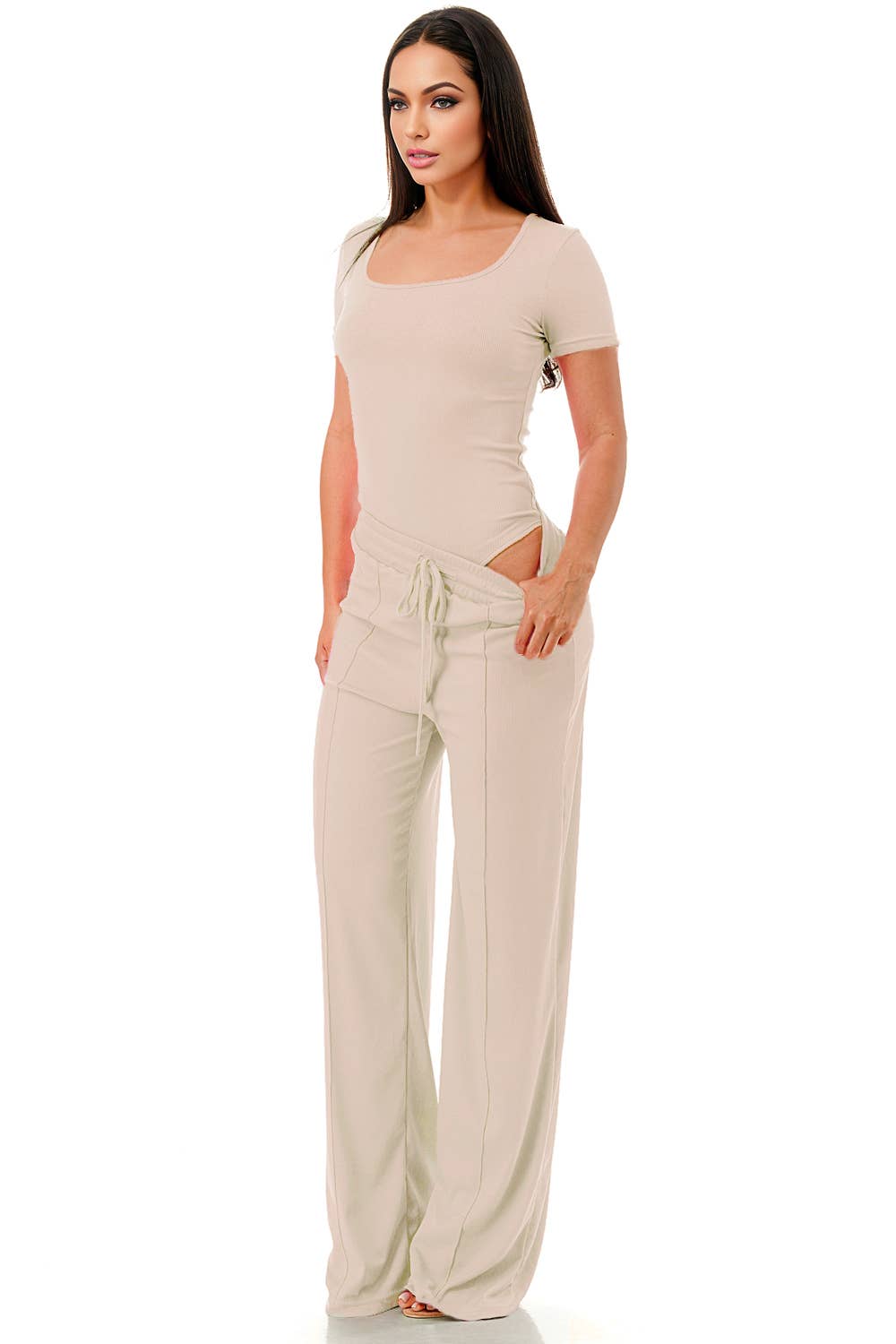 Color 5 - Wholesale Top & Pant Set (NOT Loungewear) - Women's - Slinky short sleeve body suit with flare pants fashion set2