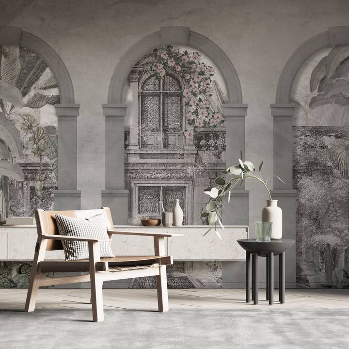 Tapet i buestil, aftageligt gammeldags vægmaleri, tropisk for engroshandel hos Muravie Wallposter