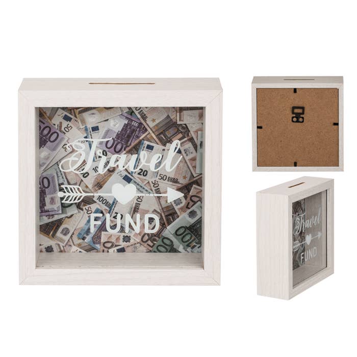 White wooden savings box, Travel Fund, for wholesale by Out of the blue KG