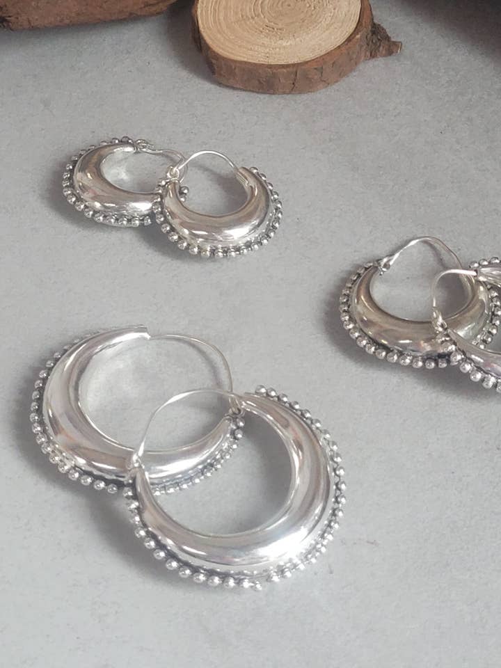 Silver chunky lightweight hoops / Small hoops / Large earrings / Gypsy / Bohemian / Boho / Ethnic hoops for wholesale by Laboheme