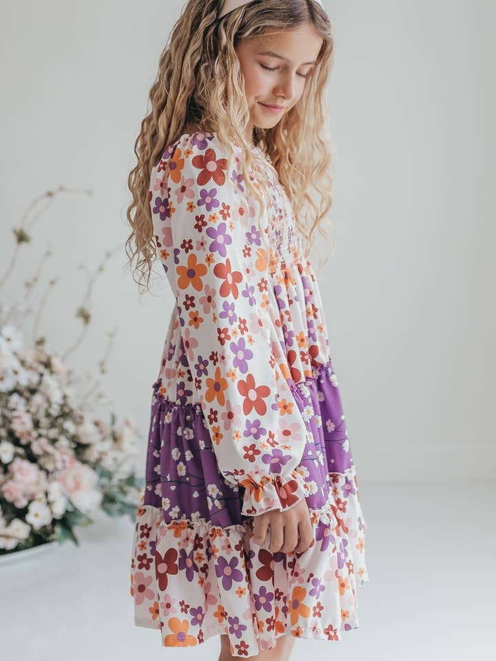 Oopsie Daisy - Wholesale Dress - Kids - Girls Grace Lavender Flower 3 Tiered Smocked Fall Dress4