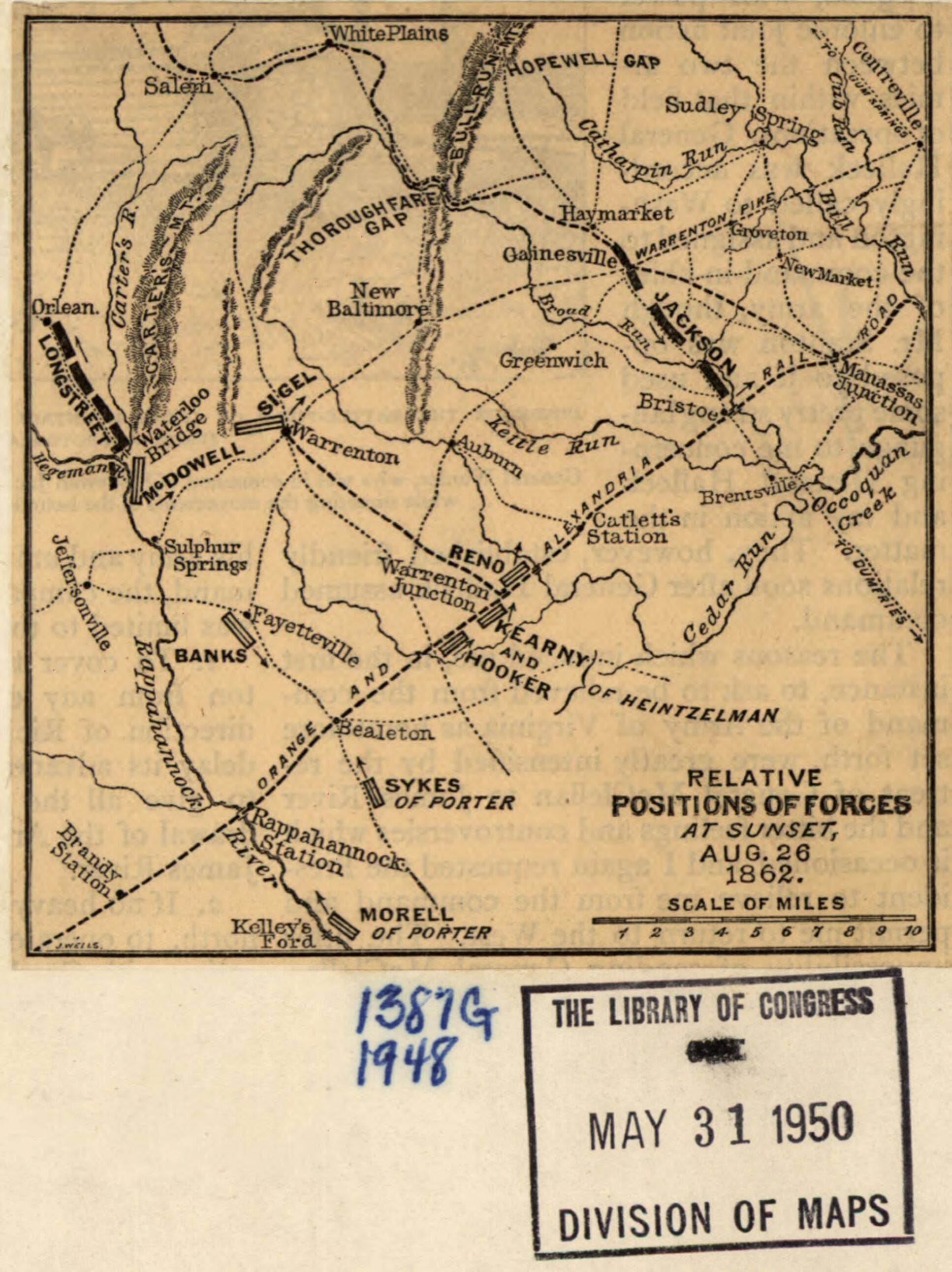 Relic Map Co. - Wholesale Map - Relative Positions of Forces at Sunset, Aug. 26, 1862. 2nd Manassas Campaign 18860