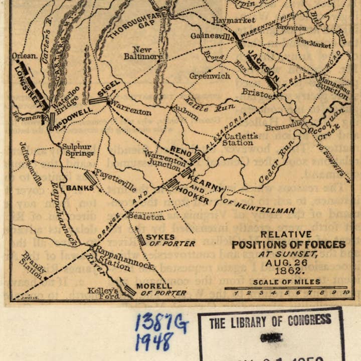 Relic Map Co. - Wholesale Map - Relative Positions of Forces at Sunset, Aug. 26, 1862. 2nd Manassas Campaign 1886