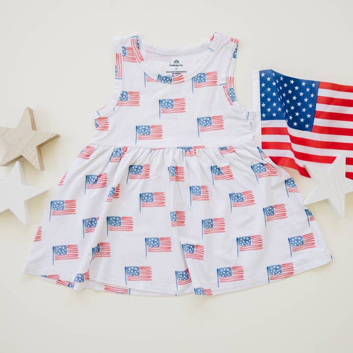 Little Joy Co. - Wholesale Top & Short Set - Kids - Flag Print Bamboo Peplum Top Bike Shorts 4th of July Girl