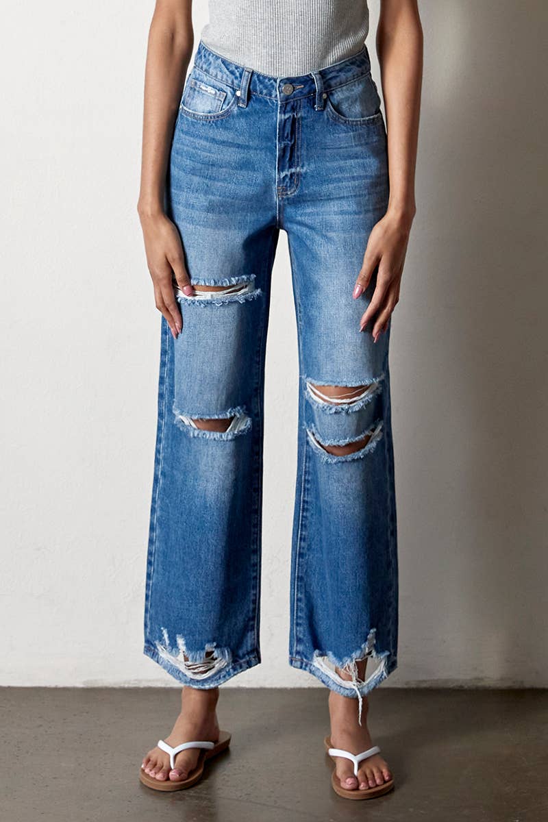 AGED DARK High Rise Destructed Straight Jeans for wholesale on Faire5