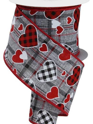 2.5"X10YD CHECK HEART/MINI HEART/PLAID GREY/BLACK/RED/WHITE for wholesale by Waterman's Loft Inc.