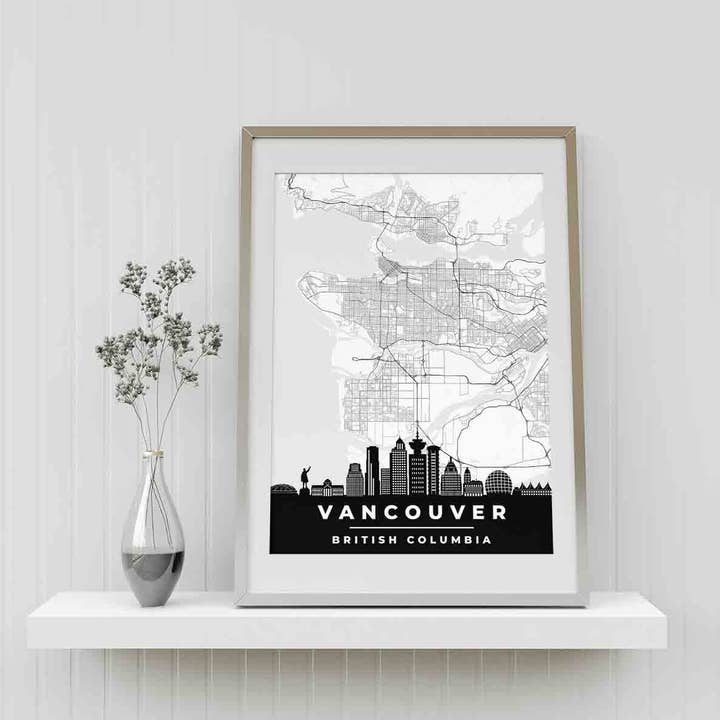 Vancouver, Classic Grey, skyline map print for wholesale by Line Point Design