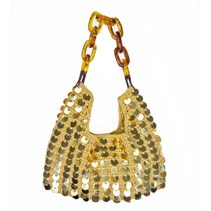 Mia Bag - Cotton Sequined Purse with Link Handle - Gold for wholesale by Anju Jewelry