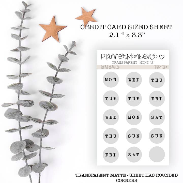 Plannermonkeyco - Venta al por mayor Pegatina - TBM.319 | "gris claro" Pegatinas de Círculos con Días de la Semana (Transparente)