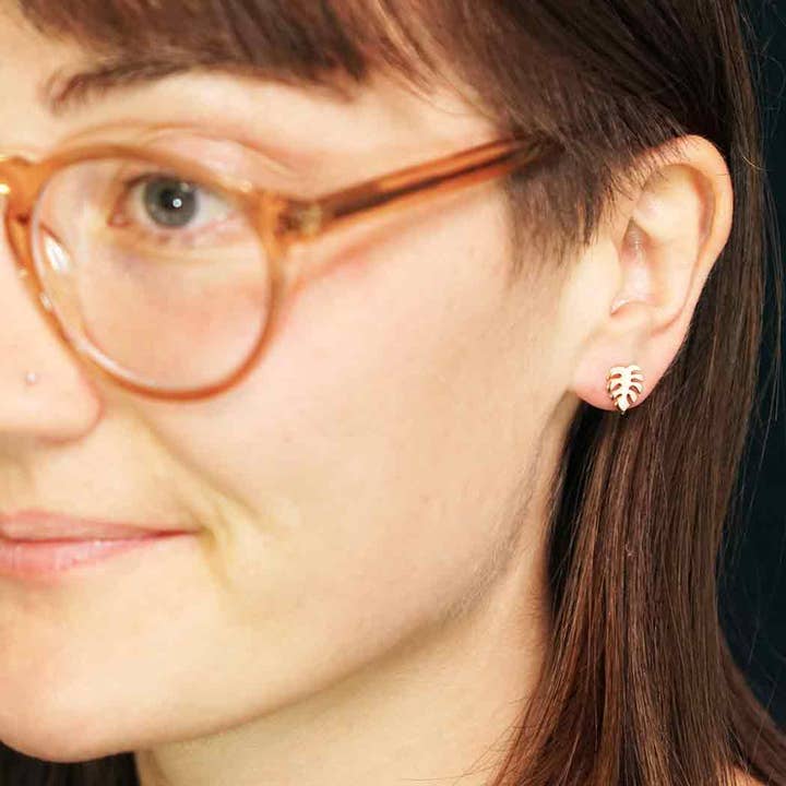 CY Design Studio - Wholesale Stud/Post Earrings - Gold Monstera Leaf Stud Earrings – Tropical Plant Design with Sterling Silver Posts2