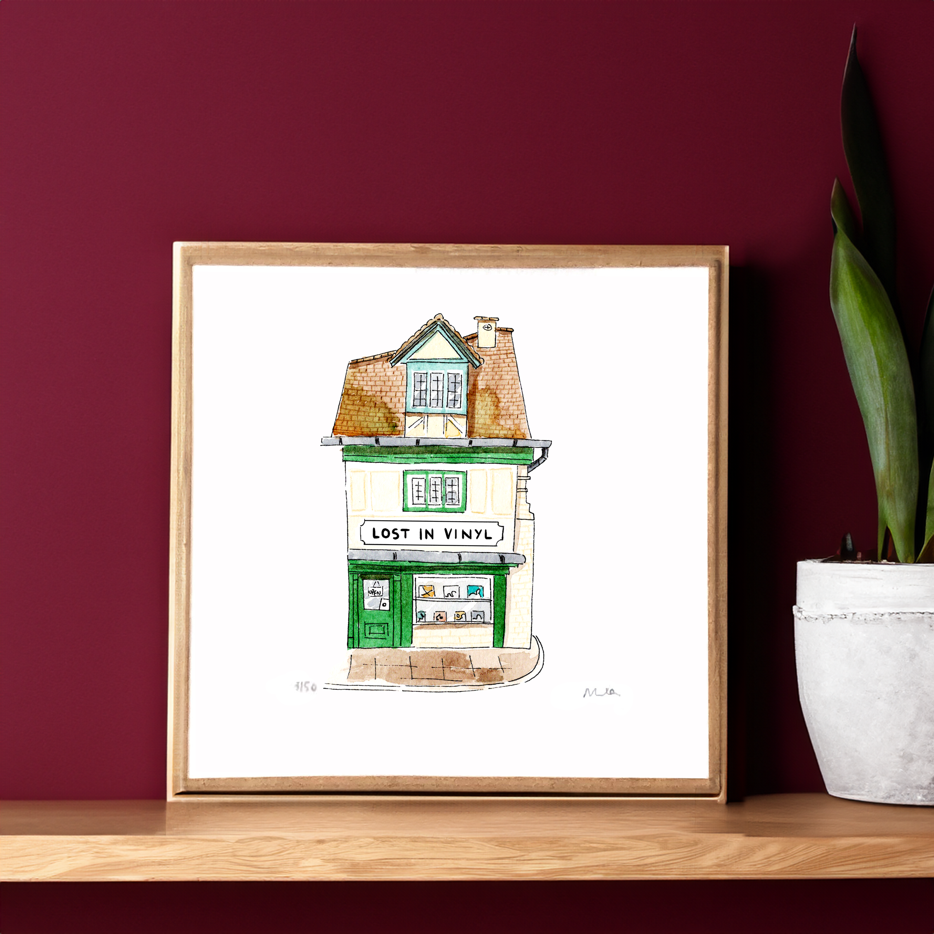 Atelier Nunila - Wholesale Art Print - Watercolor: Record Store, Vinyls, United Kingdom (15x15 cm)0