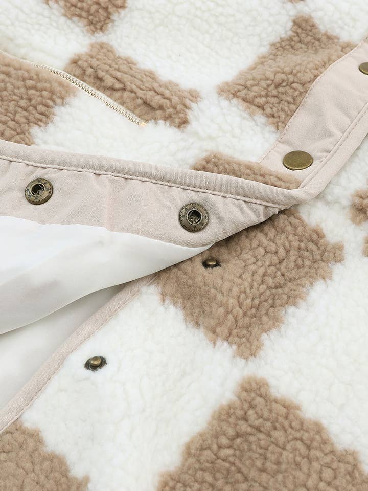 Brown Checked Snap Button Sherpa Jacket for wholesale on Faire10