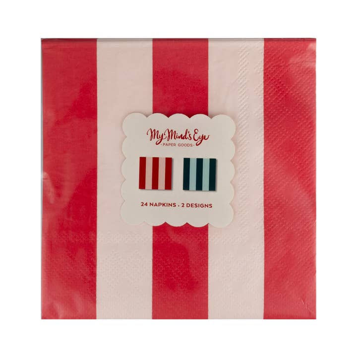 My Mind’s Eye - Wholesale Disposable Napkin - BOW1138 - Red and Pink Green and Mint Striped Cocktail Napkin Set