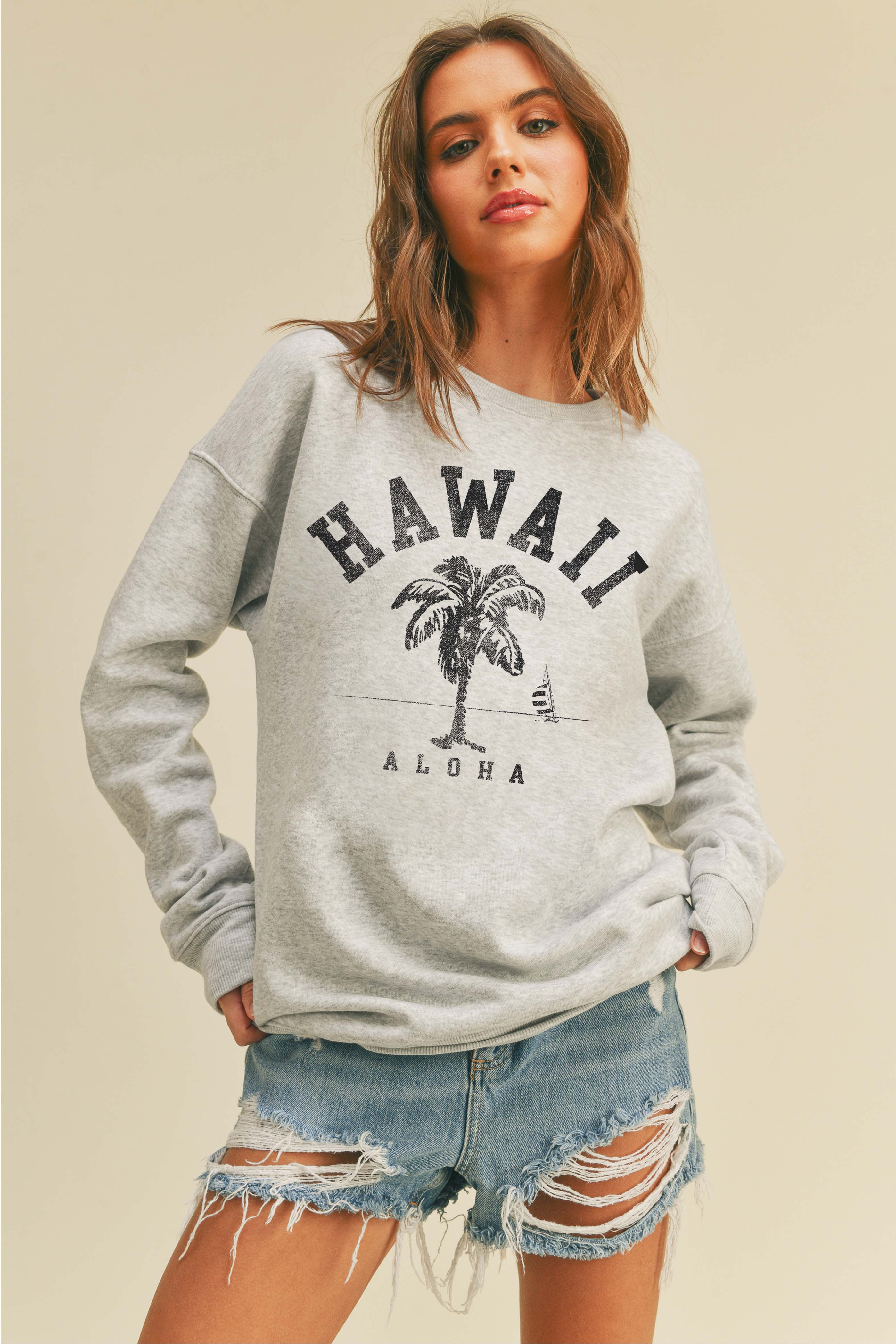 Honestee - Vendita all'ingrosso Felpa stampata - Donna - Felpa Hawaii Aloha con stampa palma2