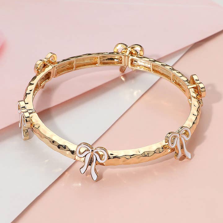 Sensibling Corp. - Wholesale Bangle Bracelet - Enamel Bow Accent Hammered Metal Bar Beaded Stretch Bracelet6